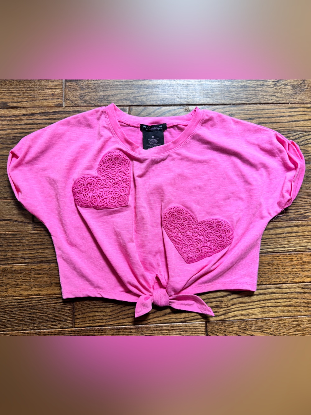 Xhilaration Pink Cropped Tie-Front Tee with Heart Appliqués
